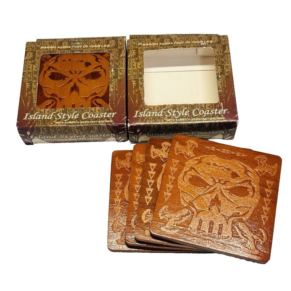 KC Hawaii Island Style Coasters SET OF 8 Hawaiian Scratch Resistant Brown Skull